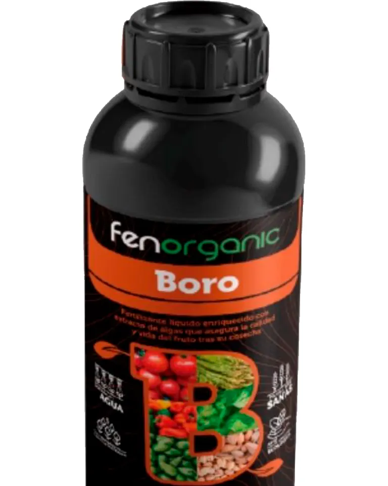 Botella cilíndrica negra con tapón negro y banda naranja en la etiqueta, rotulada «fenorganic Boro».