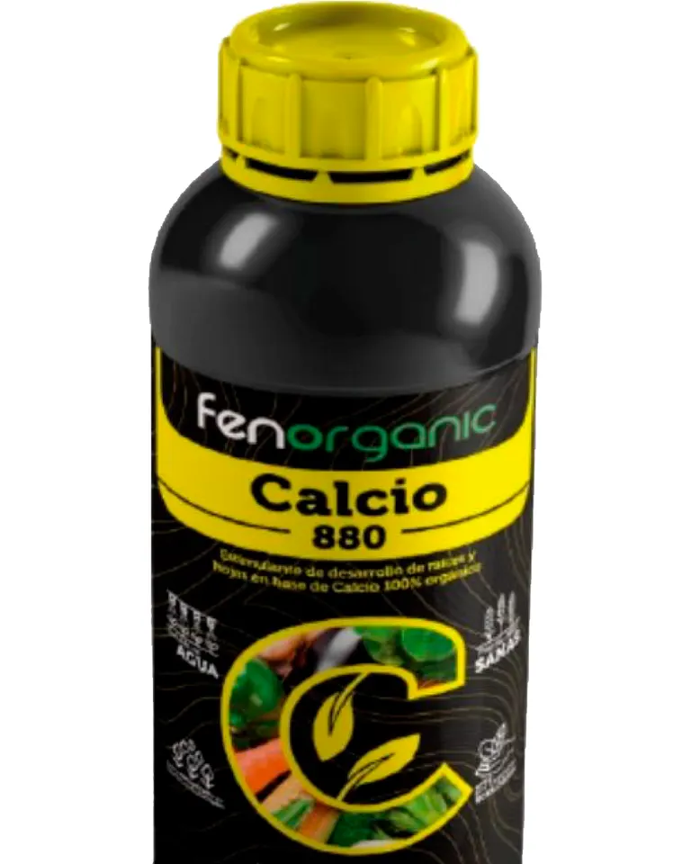 Botella cilíndrica negra con tapón amarillo precintado y banda amarilla, rotulada «fenorganic Calcio 880».