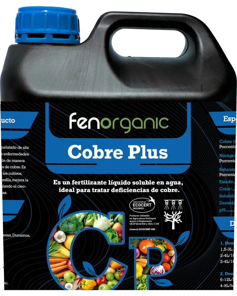 Garrafa negra con asa y tapón azul, etiqueta negra y azul rotulada «fenorganic Cobre Plus».