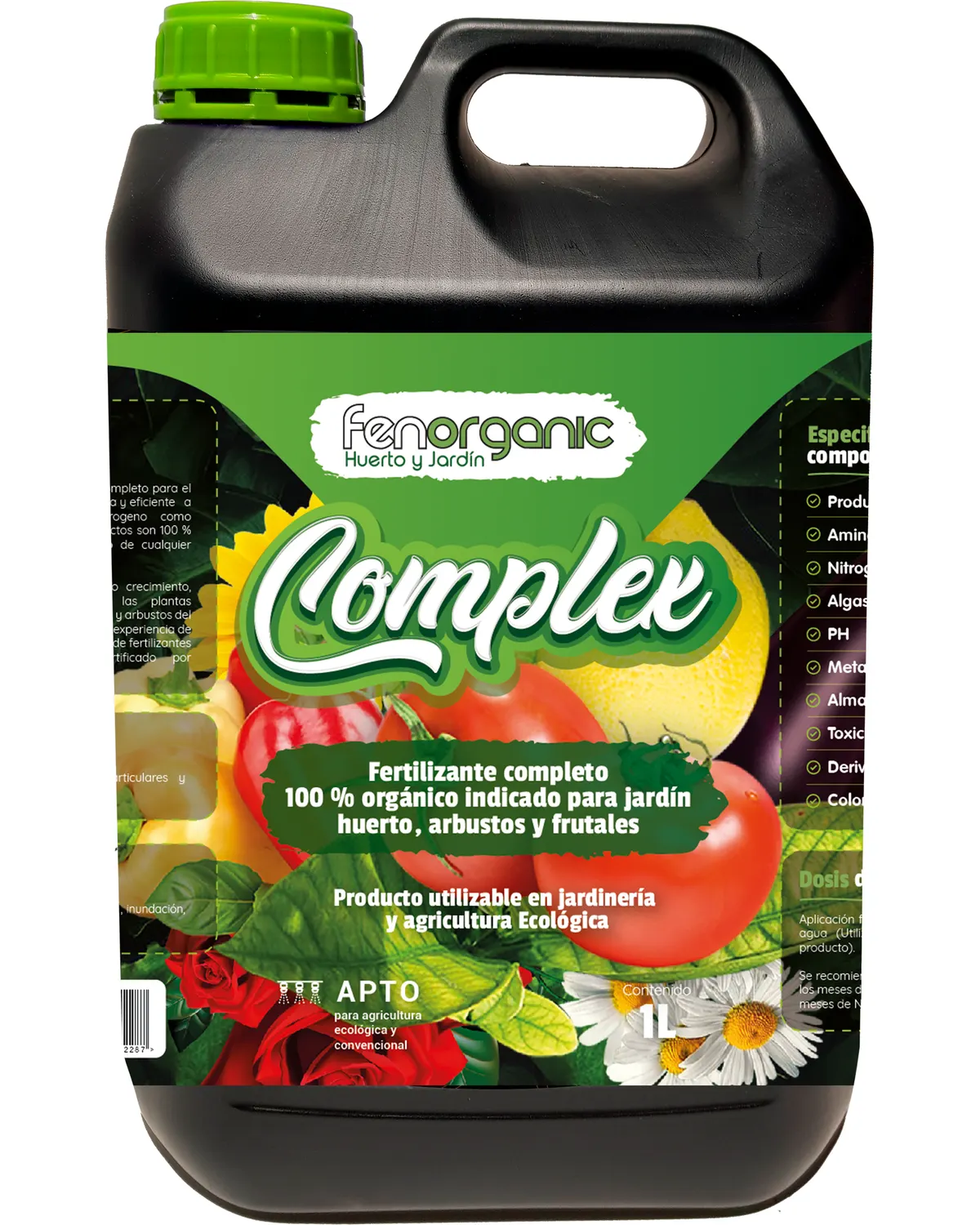 Garrafa negra con asa y tapón verde claro, etiqueta verde ilustrada, rotulada «fenorganic Complex».