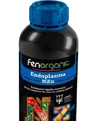 Botella cilíndrica negra con tapón azul estriado y banda azul, rotulada «fenorganic Endoplasma NZn».