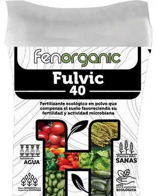 Saco blanco sellado con franja central negra, rotulado «fenorganic Fulvic 40».
