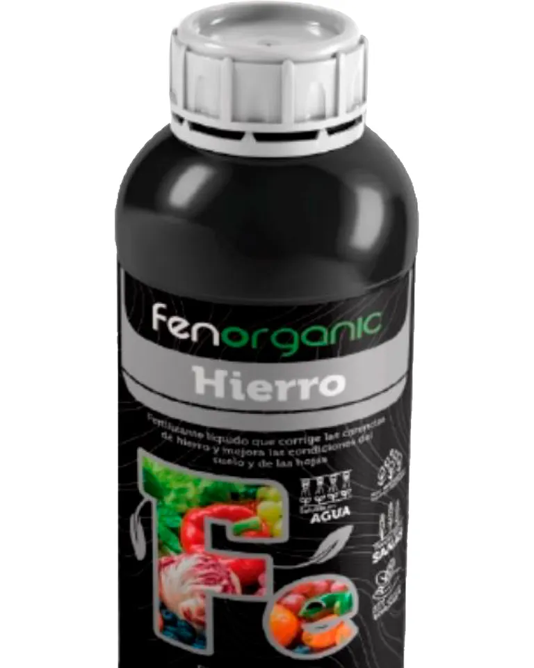 Botella cilíndrica negra con tapón gris plateado y franja gris, rotulada «fenorganic Hierro».