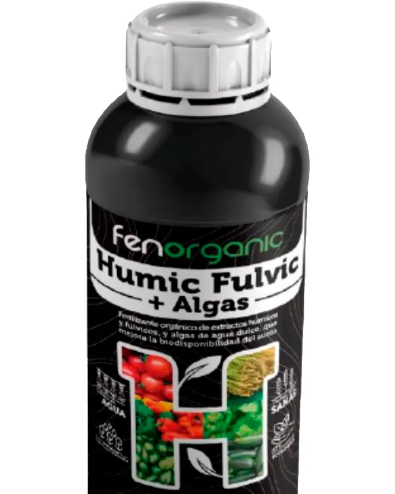 Botella cilíndrica negra con tapón blanco y franja blanca, rotulada «fenorganic Humic Fulvic + Algas».
