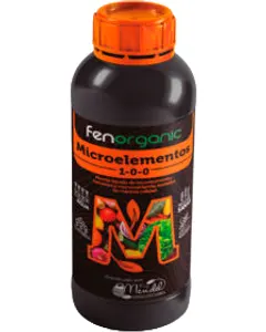 Botella cilíndrica marrón oscuro con tapón naranja y franja naranja, rotulada «Fenorganic Microelementos».