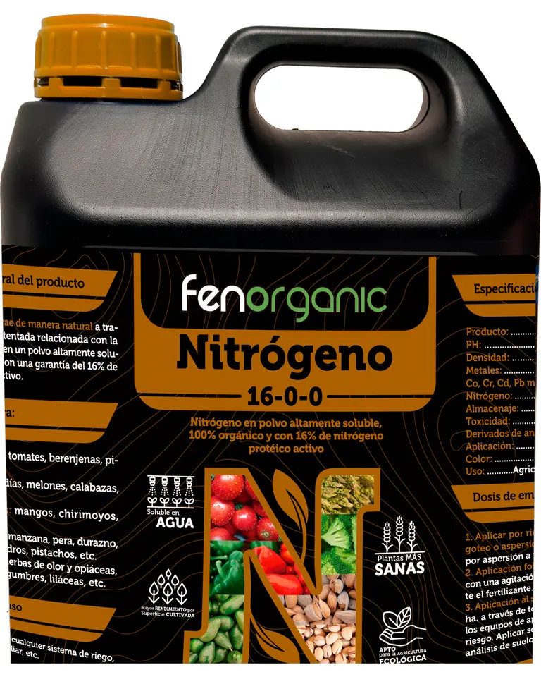 Garrafa negra con asa y tapón ocre, etiqueta negra con bloques ocres, rotulada «fenorganic Nitrógeno 16-0-0».