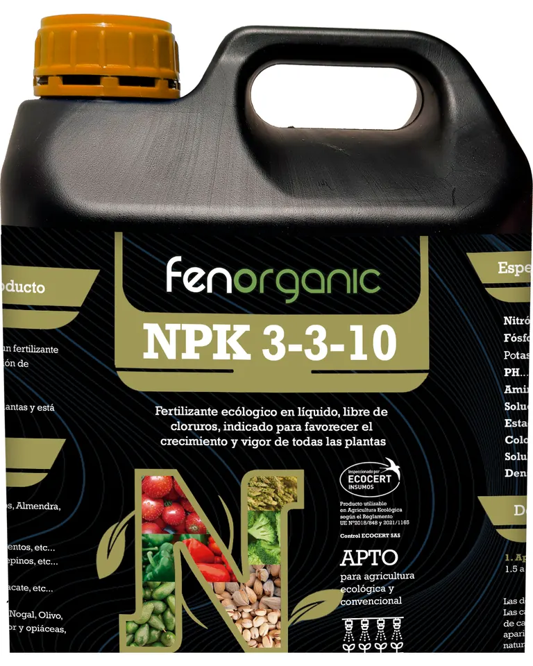 Garrafa negra con asa y tapón naranja, etiqueta negra con bandas verde oliva, rotulada «fenorganic NPK 3-3-10».