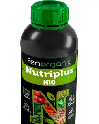Botella cilíndrica negra con tapón verde y banda verde, rotulada «fenorganic Nutriplus N10».