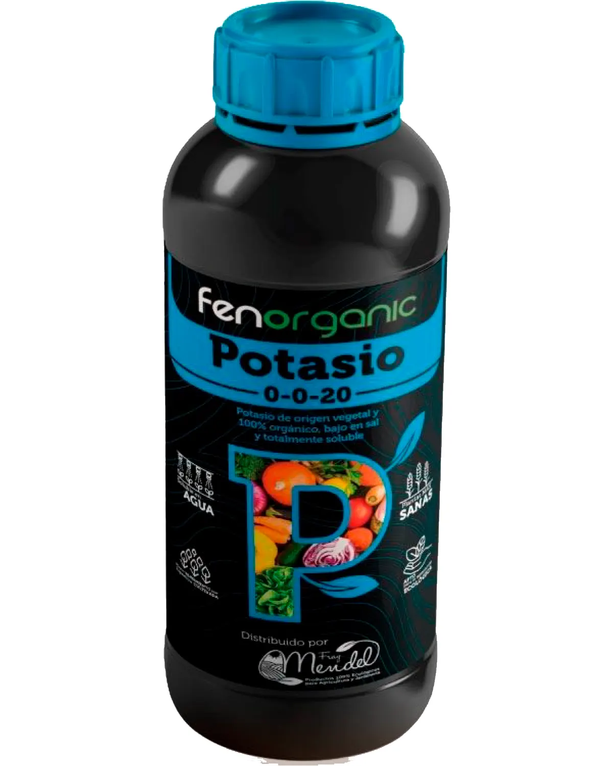 Botella cilíndrica negra con tapón azul cian precintado y bandas cian, rotulada «fenorganic Potasio 0-0-20».