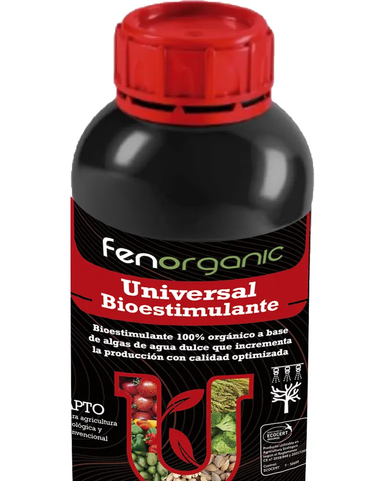 Botella cilíndrica negra con tapón rojo precintado y etiqueta negra, rotulada «fenorganic Universal Bioestimulante».