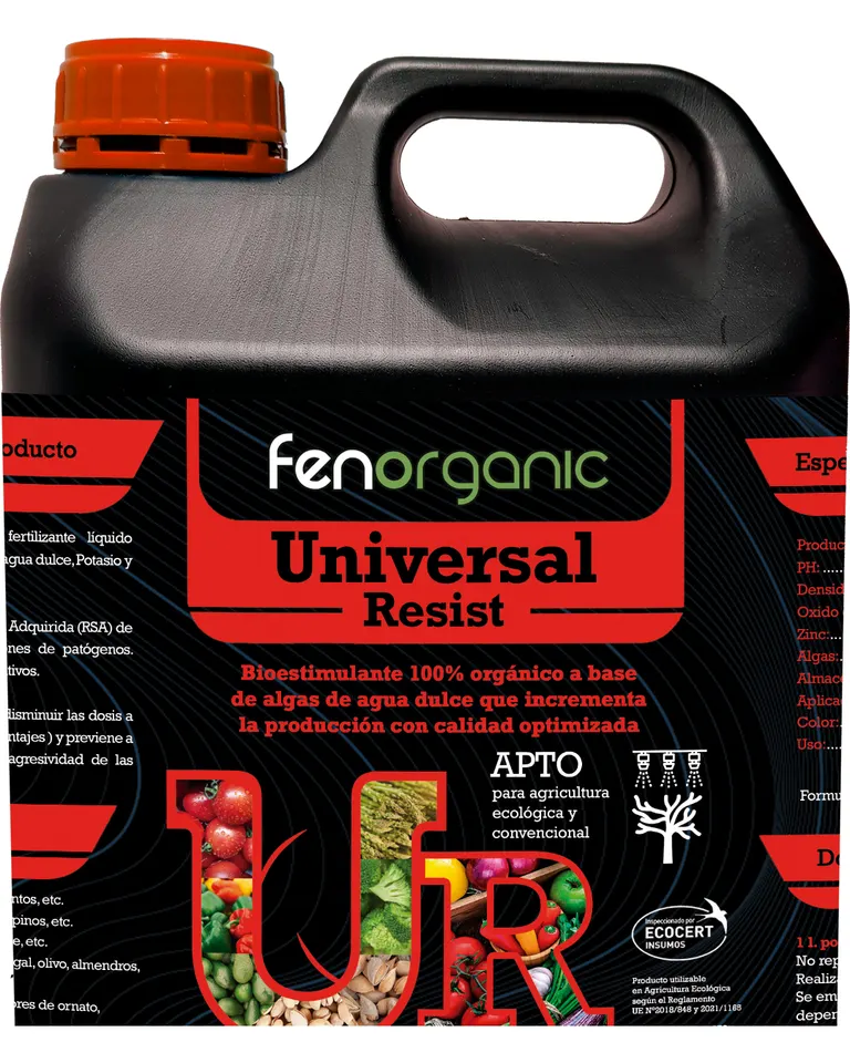 Garrafa negra con asa y tapón rojo anaranjado, etiqueta negra con bandas rojas, rotulada «fenorganic Universal Resist».