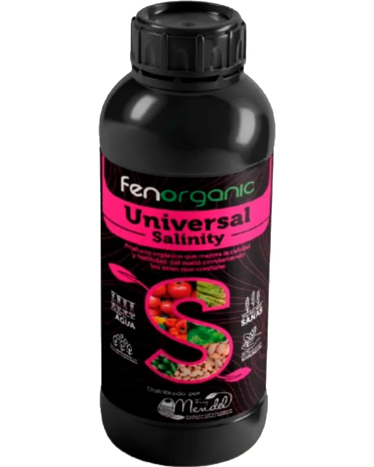 Botella cilíndrica negra con tapón negro precintado y bandas rosa magenta, rotulada «fenorganic Universal Salinity».