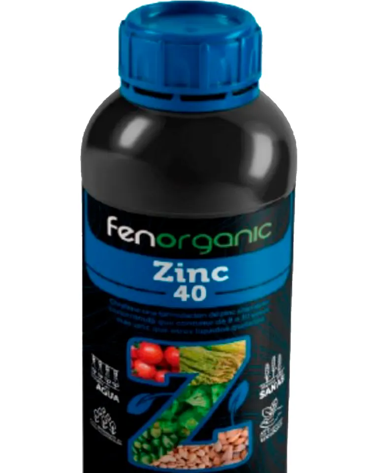 Botella cilíndrica negra con tapón azul precintado y trazas azules en la etiqueta, rotulada «fenorganic Zinc 40».